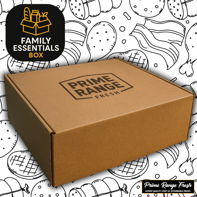 Brown cardboard box with 'Prime Range Fresh' branding on a white background with black line art illustrations. Family Essentials Box