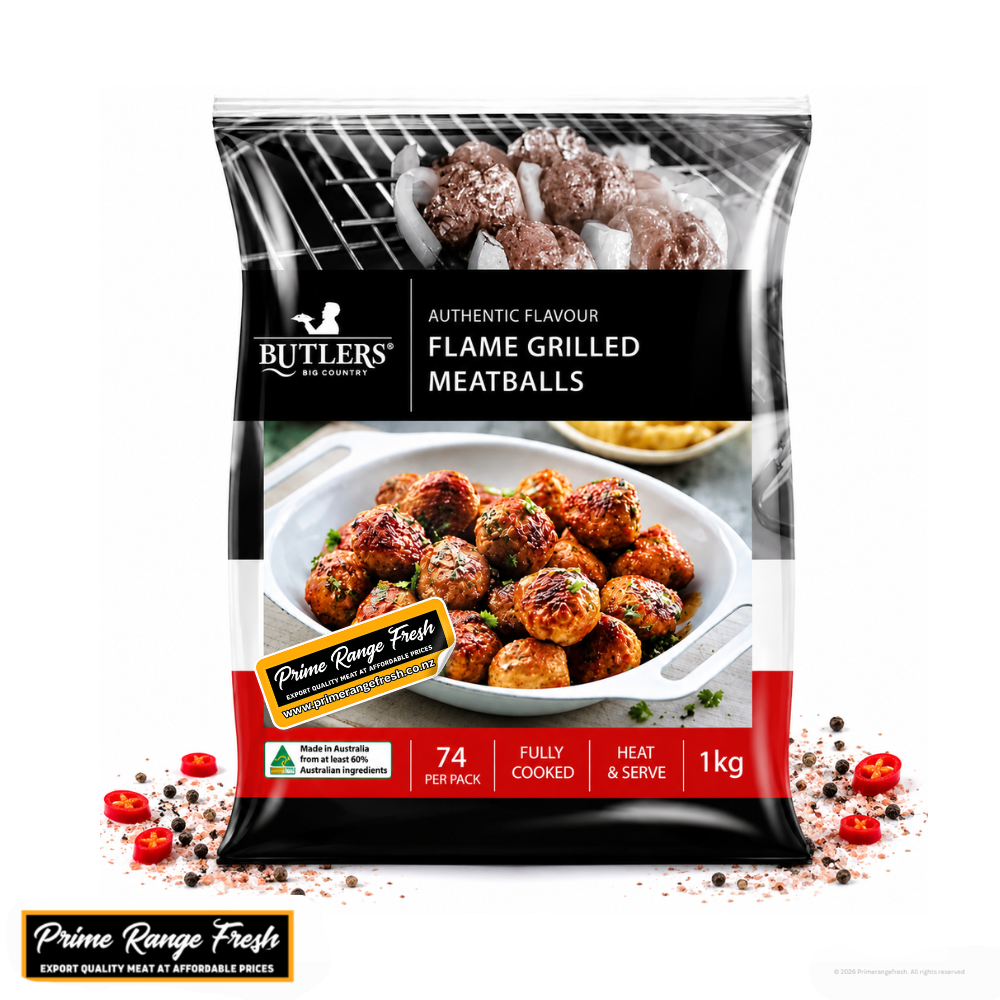 Packaging of Butlers flame grilled meatballs with images of meatballs on a grill and in a bowl.