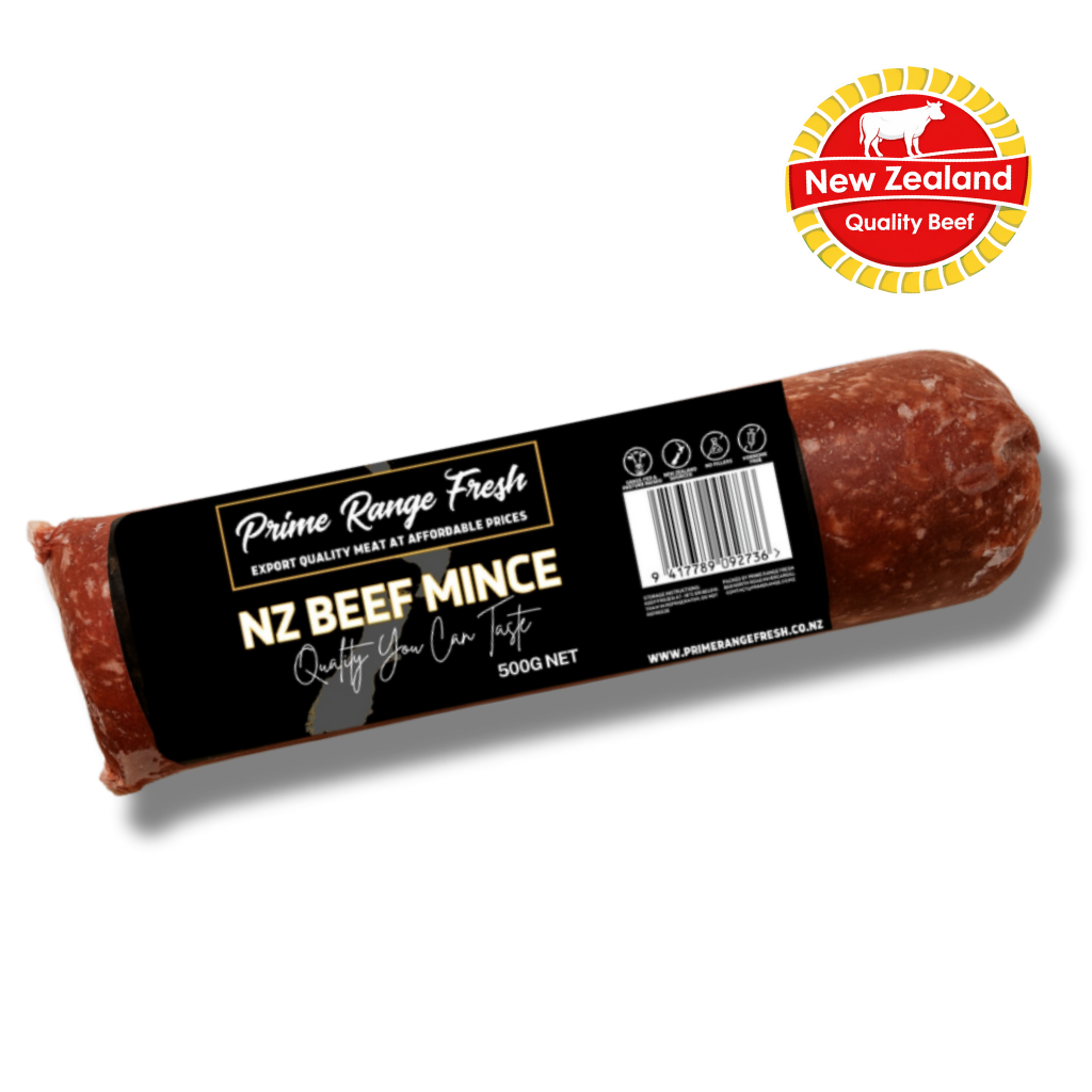 Packaged NZ Beef Mince with Prime Range Fresh branding on a white background