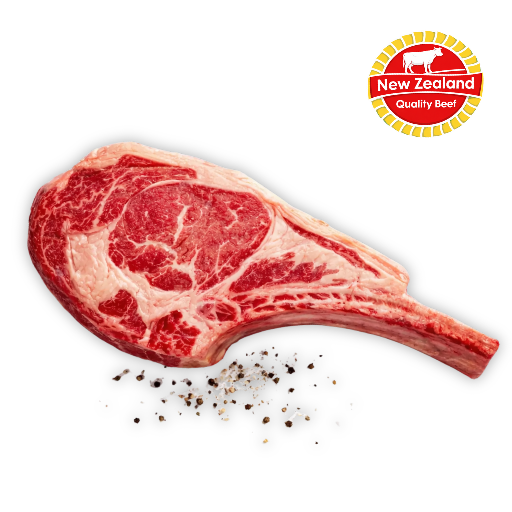 Raw tomahawk steak with pepper and salt on a white background, featuring the New Zealand Quality Beef logo.