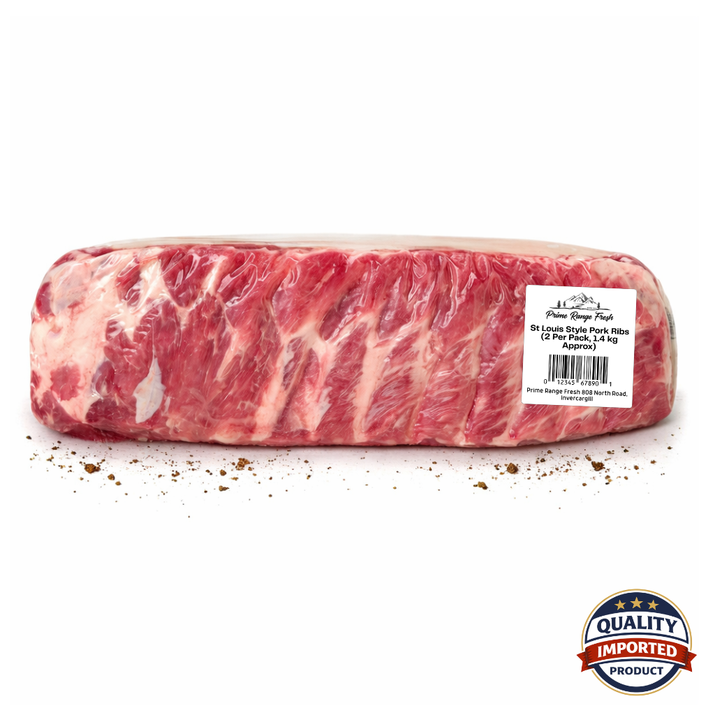 Raw pork ribs with a label on a white background, featuring a 'Quality Imported Product' logo.