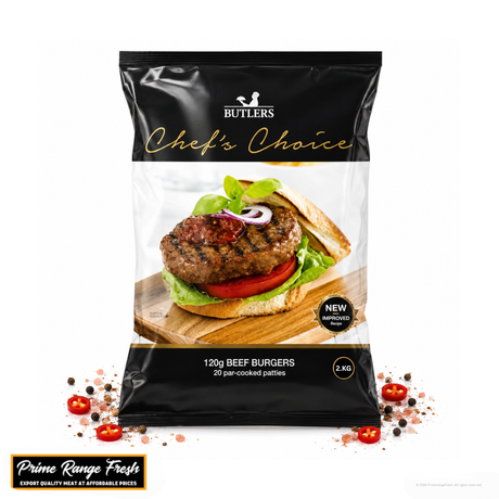 Butlers Chef's Choice beef burger package with a burger image on a white background