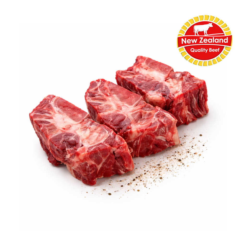 Three pieces of raw beef with New Zealand Quality Beef logo on a white background