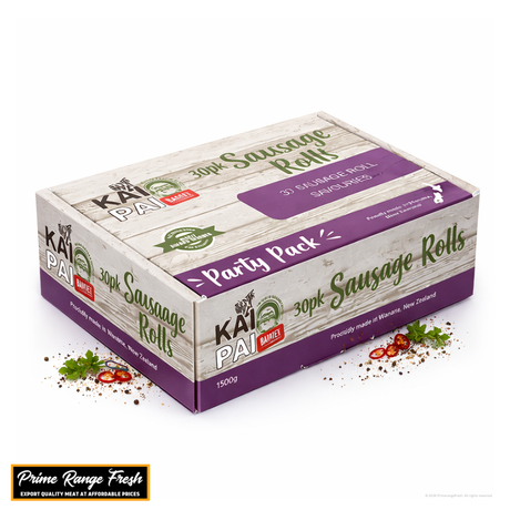 Box of Kai Pai sausage rolls with visible branding and product details on a white background