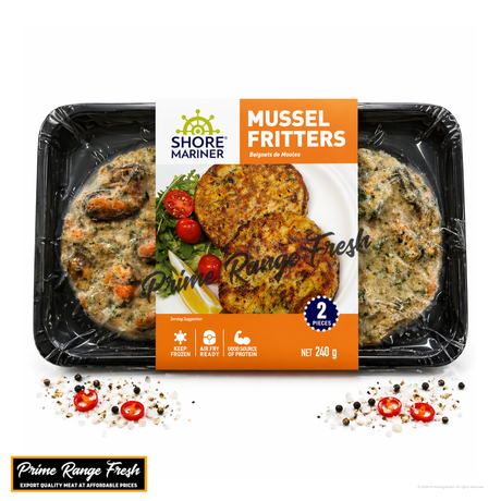 Packaged mussel fritters with Shore Mariner branding on a white background