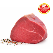 Raw beef silverside with New Zealand Quality Beef logo on a white background