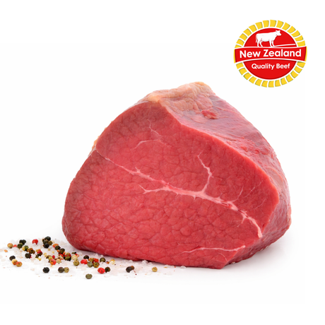 Raw beef silverside with New Zealand Quality Beef logo on a white background