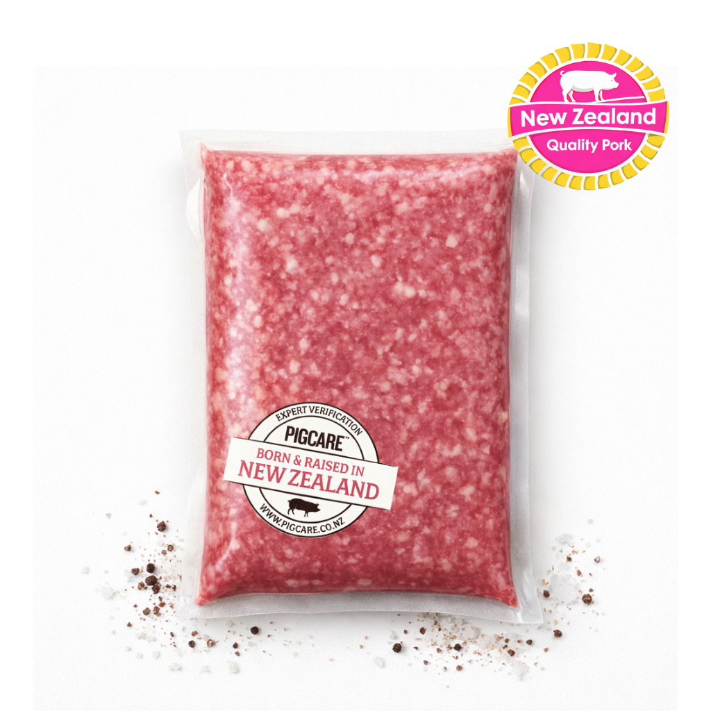 Packaged New Zealand pork with PigCare branding on a white background