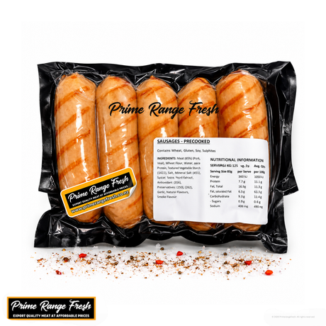 Packaged sausages with Prime Range Fresh branding on a white background