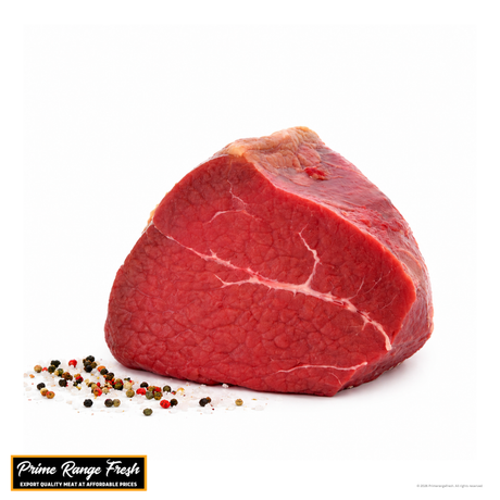 Raw steak with peppercorns on a white background, featuring the Prime Range Fresh logo.