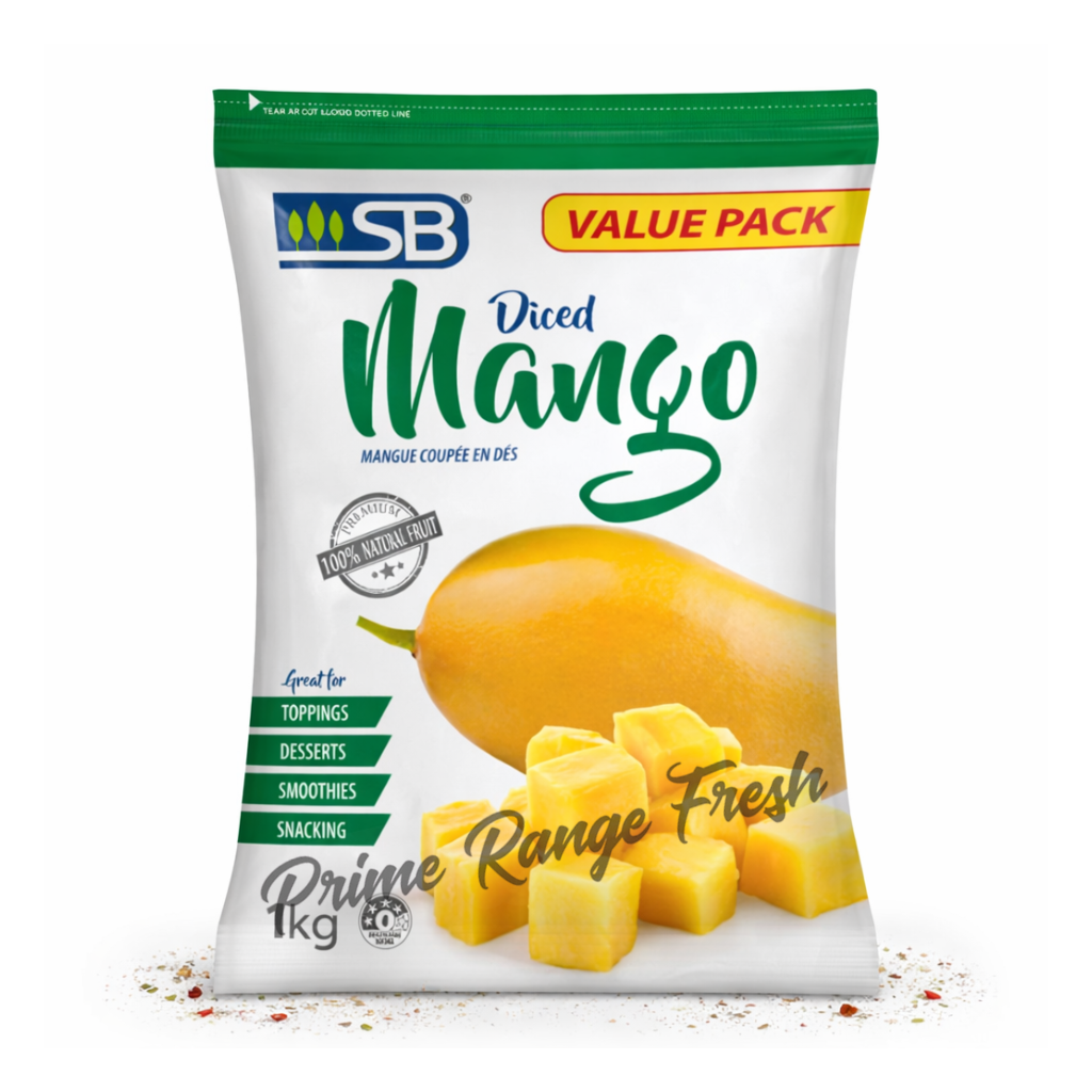 Packaging of SB Diced Mango with a mango illustration on a white background