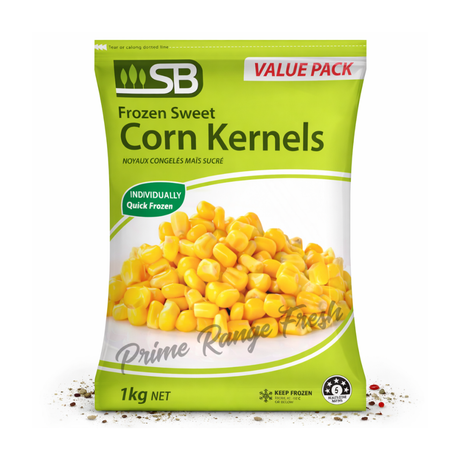 Packaging of SB Frozen Sweet Corn Kernels on a white background