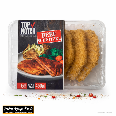 Packaged beef schnitzel with Top Notch branding on a white background